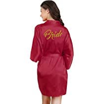 Image of Women's Silky Satin Short Bride Robe | Ultra Soft & Comfortable, Stylish Full Sleeve Lace Tie Nightdwear /Sleepwear for Bride Bridemaid- Pack of 1