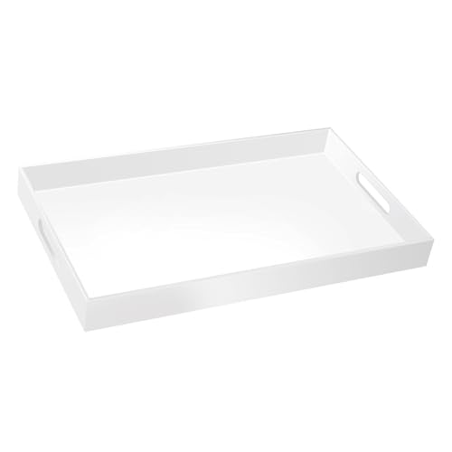 18×16 Inch Glossy White Acrylic Serving Tray with Handles Extra Large Ottoman Tray Decorative Tray Spill-Proof Coffee Table Space Saver Oversize Counter top Organizer Platter with Safe Edge