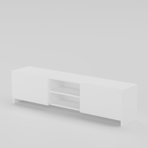 Image of Modern Living Room TV Stand with Open Display Compartment, Dual Side Storage Units, and Clean Contemporary Design for Home Decor | Assembly-DIY | Color-White