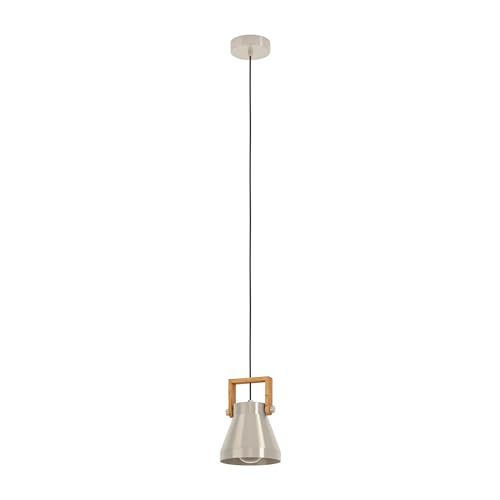 EGLO Lampada a sospensione Cawton a 1 luce industriale lampada a sospensione sopra tavolo da pranzo, lampada rustica in metallo color acciaio e legno fiammato, lampada a sospensione con attacco E27, Ø