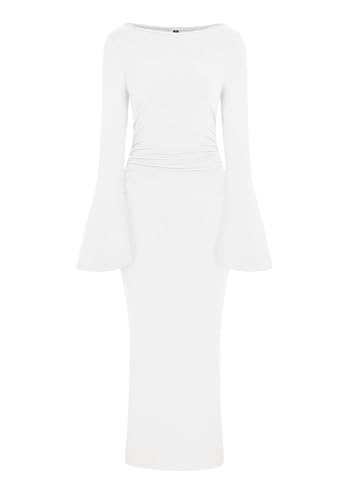 Image of PRETTYGARDEN Maxi Dresses for Women Elegant Classy Spring Fall Long Bell Sleeve Ruched Bodycon Cocktail Party Slit Dress