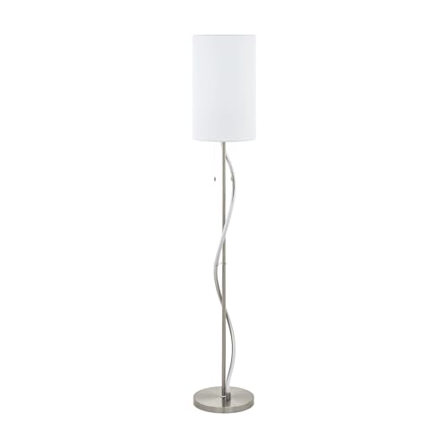 Eglo Lámpara de pie de 2 llamas, moderna, elegante, de acero, aluminio, textil, lámpara de salón en níquel mate, color blanco, lámpara con interruptor de cordón, LED y casquillo E27
