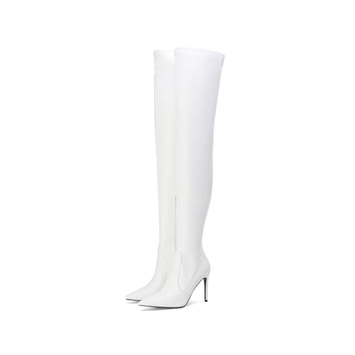 Frankie Hsu Sexy White Stiletto Pointed Toe Over The Knee Boots, Fashion Classic Thigh High Style, Large Big Size Kitten Heels Above The Knee Shoes For Women US4-14