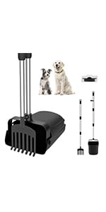 Recogedor de Excrementos para Perros, Juego de Rastrillo y Cubo Giratorio con 20 Bolsas de Basura, Pala de Mango Largo Ajustable para Eliminar Residuos Cacas de Mascotas en Patio Césped, Negro