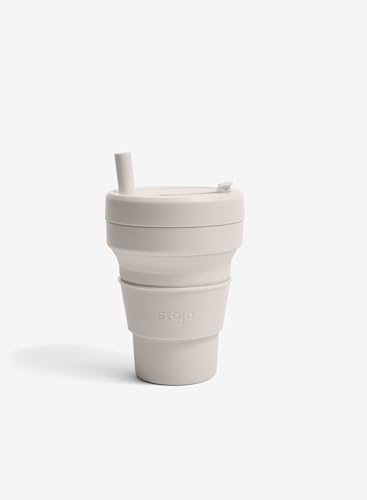 STOJO On-The-Go Biggie Collapsible Coffee Cup with Lid - 16oz / 473ml - Reusable & Foldable Silicone Travel Mug - Portable, Pocket Size - Dishwasher Safe - Oat