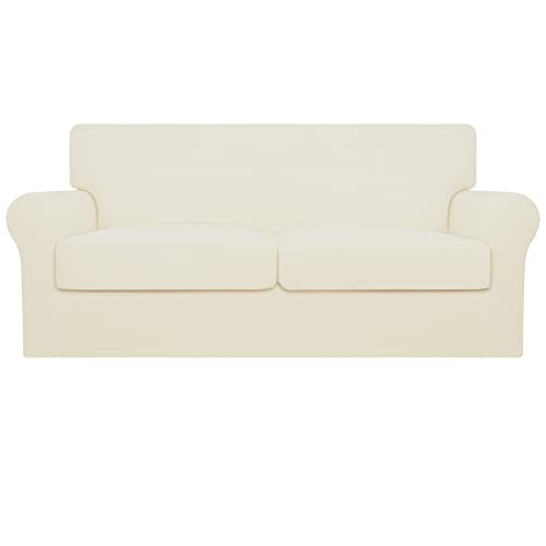 Image of Easy-Going Stretch Oversized Loveseat Couch Cover for 2 Cushion Washable | Sofa Slipcover for Stretch 2 Separate Sectional Cushion Couch - Furniture Protector for Pets, Kids Ivory