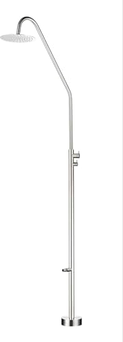 Mice - Ducha Exterior de Acero Inoxidable 316 para Piscina y Jardín, Rociador Redondo 25cm, 232cm Altura, con Grifo para Pies Color Acero Cepillado