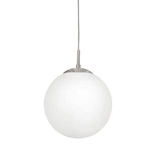 EGLO Pendelleuchte Rondo, 1 flammige Esszimmerlampe, Hängelampe aus Metall in Silber und Glas in opal-matt weiß, E27 Fassung, Ø 25 cm., 15.99 €