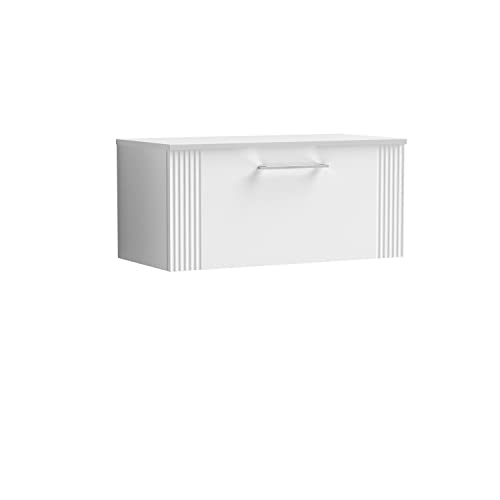 nuie DPF196W Deco Modern Bathroom Wall Hung 1 Drawer Part Fluted Vanity Basin Unit with Worktop, 800mm, Satin White