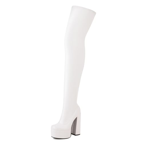 Roimaash Womens Over-the-knee Boots Thigh High Heels Latex Boots High Knee Boots Platform Stretch Botas para Mujer Tall Boots Stripper PU-White Size 37