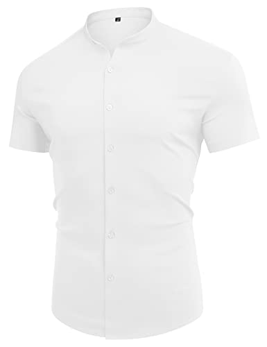 URRU Men's Muscle Dress Shirts Slim Fit Stretch Banded Collar Long&Short Sleeve Casual Button Down Shirt4