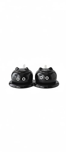 猫耳 調味料入れ 陶磁器 2個セット/3個セット 190ml 猫デザイン スプーン付き トレイ付属 強化陶器 白 黒 選べる キッチン収納 塩入れ 砂糖入れ ギフト (黒猫, 2個セット)