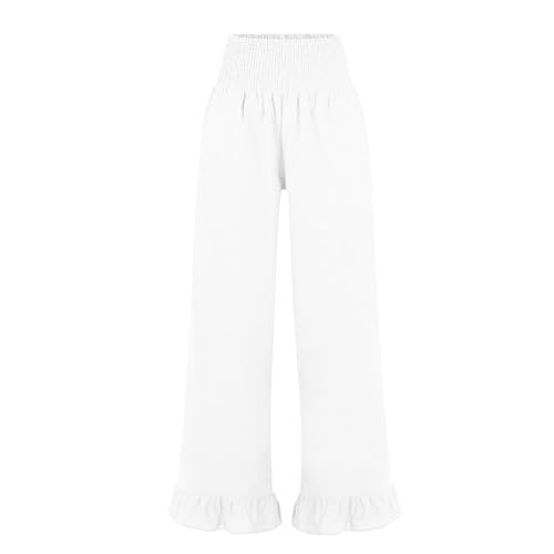 Image of Palazzo Pants for Women Linen Smocked Elastic Waist Ruffle Wide Leg Pants Summer Beach Flowy Boho Pant with Pockets