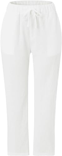 Women's Casual Summer Cotton Linen Pants Elastic High Waisted Drawstring Straight Leg Capris Beach Trousers3