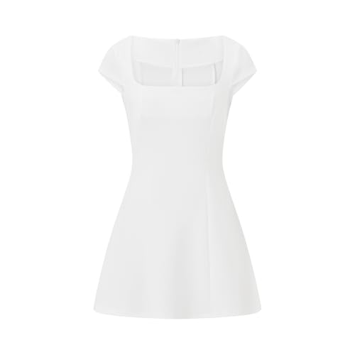 Image of Summer Square Neck Mini Dresses for Women Solid Color Cap Sleeve A Line Dress Elegant Party Club Short Bodycon Dress (A-White, L)