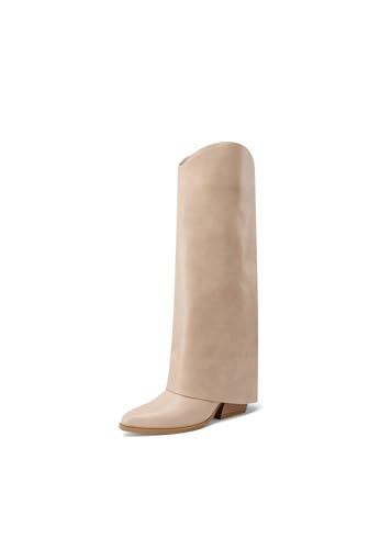QUEEN HELENA Camperos - Botas altas Texanas de pierna ancha con tacón para mujer X31-109, beige, 38