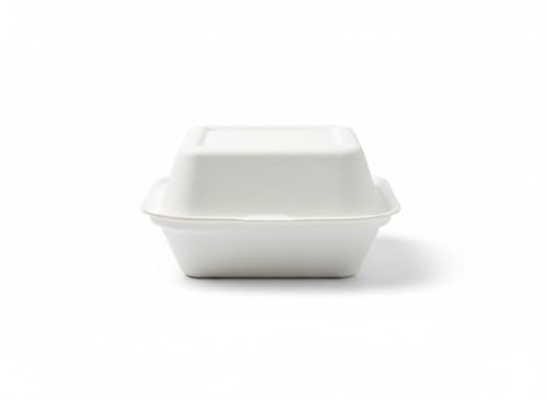 Evi1kmoo 100% Biodegradable Disposable Burger Box - 50-Pack Bamboo White 6 Inch Clamshell (155x152mm),Eco-Friendly Meal Prep Container