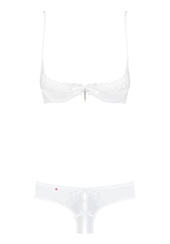 Selente Love & Fun Ensemble Lingerie sophistiqué à 3 pièces: Soutien-Gorge, Slip et Bandeau pour Les Yeux en Satin, Blanc minibonnets, S-M