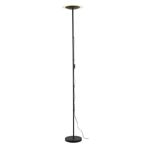 Happy Homewares Modern LED Black Switched Uplighter Floor Lamp with Frosted White Polycarbonate Shade | 180cm x 25cm | Rocker Switch on Hanging Cable | 1 x 18w