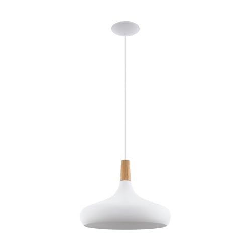 Eglo lámpara colgante Sabinar, lámpara de techo de 1 foco, lámpara colgante de acero y madera, color blanco, marrón, portalámparas E27, diámetro 40 cm