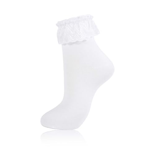 MKYSZLT Women Ruffle Socks Frilly Ankle Socks Cute White Lace Ruffles Dress Sock Fancy Lolita Crew Bobby Boots Sock for Woman (US Alpha One Size Regular Regular White - 1 pair)