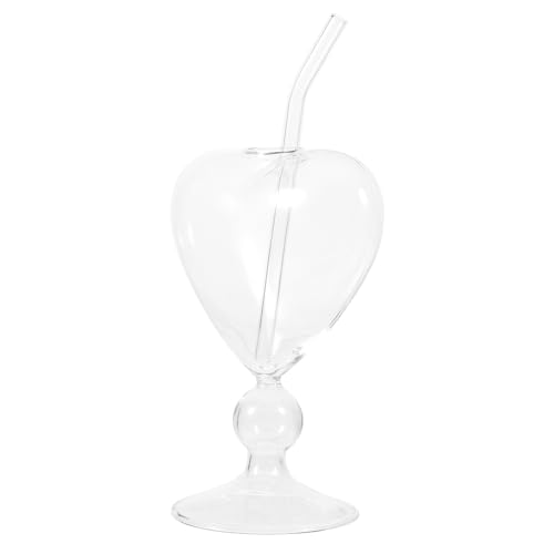 ZUNOXAZ Copas de Cáliz Transparentes en Forma de Corazón con Pajita Curva, Vidrio Resistente, para Cócteles y Vino, Ideales para Fiestas y Bar en Casa, Juego de 1 Unidad