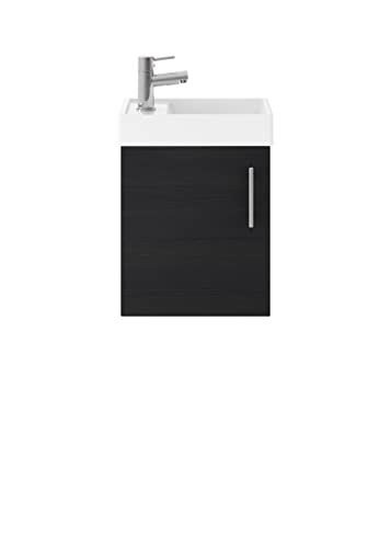 Nuie MIN010 Vault Modern Bathroom Single Soft Close Door Wall Hung Vanity Unit with 1 Tap Hole Ceramic Basin, 400mm, Woodgrain Charcoal Black