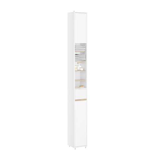 SoBuy Mueble Baño Estrecho y Alto Armario Baño Tipo Columna Auxiliar Mueble Auxiliar de Almacenaje con Estantes Regulables y Cajón Armario Estrecho para Espacios Reducidos, 20x20x180cm BZR34-WN
