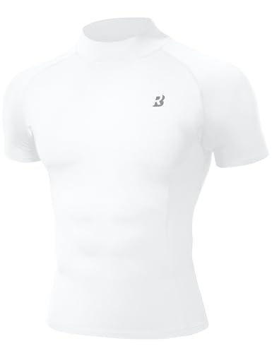 Roadbox Men's Compression Shirt, Mock Turtleneck Short Sleeve Athletic Undershirt, Quick Dry Base Layer Top for Gym Workout White