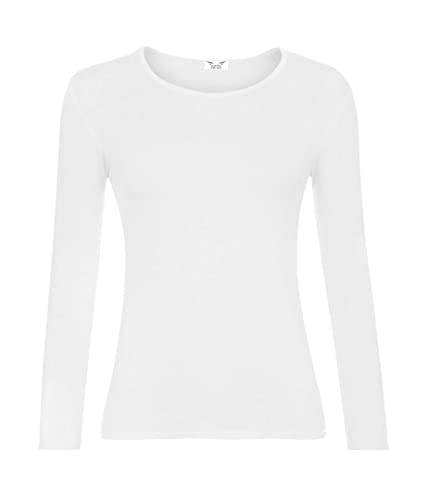 KATSSI Women’s Ladies Long Sleeve Stretch Plain Round Scoop Neck T Shirt Top SM White