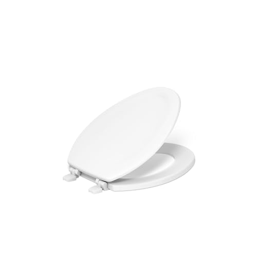 KOHLER 4647-0 Stonewood Elongated Toilet Seat, Elongated Wood Seat for Standard Toilets, Comes with Color-Matched Plastic Hinges, Home Essentials, White