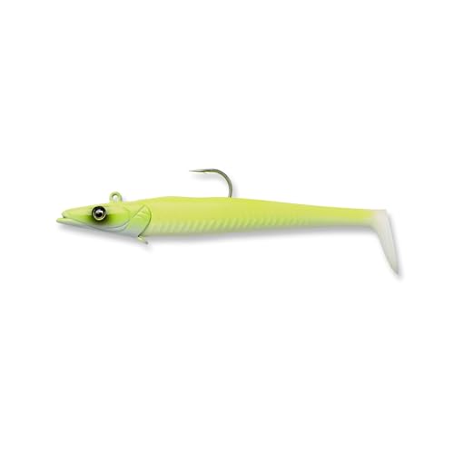 Savage Gear Sandeel Fishing Bait, 1 1/2 oz, Chartreuse White, Realistic Contours & Movement, Durable Construction, Two Tie Points, 5X Hooks, Holographic Eyes, Bait Keeper