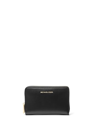 Michael Kors Estojo para cartão Jet Set pequeno com zíper, ferragens douradas/couro Sahara/preto