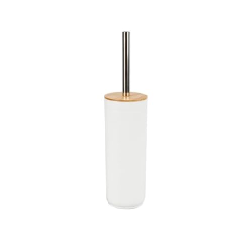 DAMDAM GO - Escobillero Plastico Blanco Palo Acero INOX Tapa Bambu 9,5x40 cm