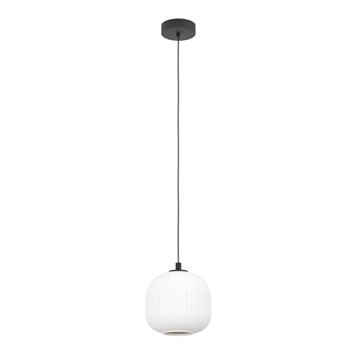 EGLO Hängelampe Mantunalle, Pendelleuchte Esstisch, Hängeleuchte aus Metall in schwarz und Glas in weiß, Esszimmerlampe hängend, E27 Fassung, Ø 20 cm