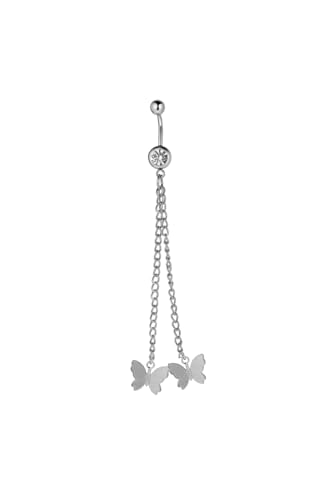 Sallantılı Taşlı Çelik Göbek Piercing, Gümüş