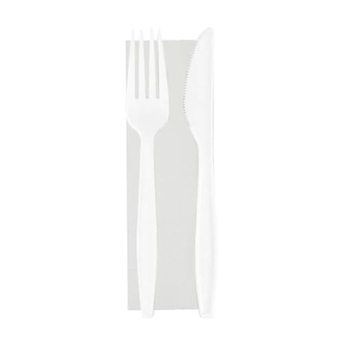 1/100/300 BIS DI POSATE IMBUSTATE CON TOVAGLIOLO - riutilizzabili - SET TRASPARENTI Posate forchetta + coltello (50 PEZZI BIANCO)