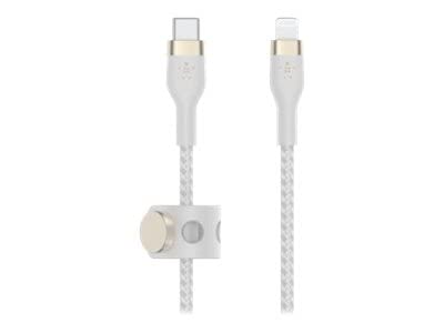 Belkin BoostCharge Pro Flex örgülü USB-C/Lightning kablosu, 1 m, MFI sertifikalı, 20 W, hızlı şarj için, PD Power Delivery ile, iPhone 14/14 Plus, 13, 12, Pro, Max, mini gibi cihazlar için, beyaz