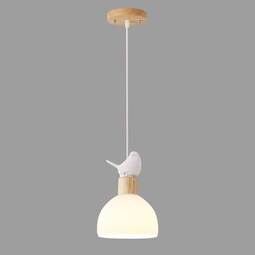 Image of Glsss Pendant Light Semicircular, Japanese Style Wood Hainging Light Kit, White Ceramic Bird Pendant Lamp Adjustable Hanging Wire Chandelier Creative Kitchen Island Ceiling Lamp