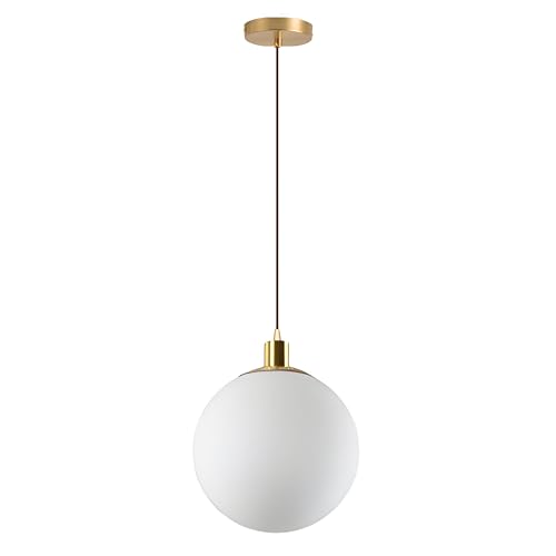HJXDtech Suspension Minimaliste en Verre avec Boule Blanche Givrée,Lampe Suspendue Moderne,Fixations en Laiton,Fil Flexible Tressé,Plafonnier Pour Cuisine...