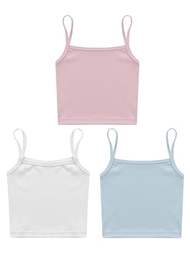 Girls Cotton Ribbed Camisole Yoga Dance Cami 3 Pack Kids Basci Tank with Spaghetti Straps Sleeveless Crop Top3