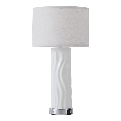 White Ceramic Table Lamp, Small Bedside Lamp with Linen Shade, Mid Century Modern Nightstand Lamp for Bedroom Living Room Reading Room, H 19″ x W 10″