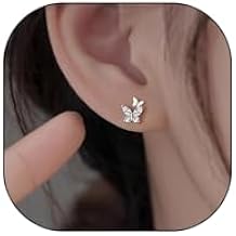 Silver Double Butterfly Crystal Stud Earrings, Dainty Shining Birthstone Birthday Gift Tiny Earrings, Sparkling Zircon Jewelry