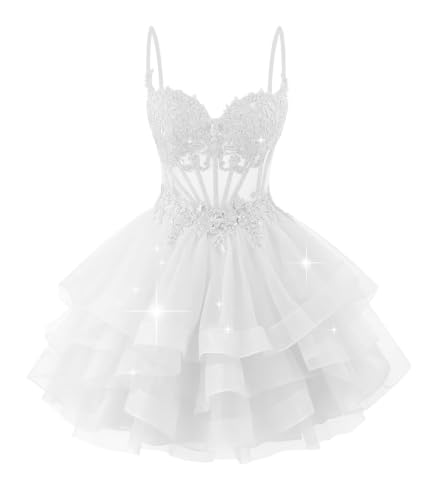 Sparkly Tiered Tulle Homecoming Dress Spaghetti Straps Lace Applique Short Prom Dress for Teens Quinceanera DAMA Dress White