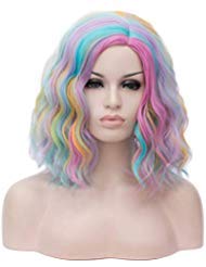 Mildiso Rainbow Wigs for Women 14" Short Rainbow Wig Curly Wavy Colored Wig with Wig Cap Cute Synthetic Soft Wig M058A