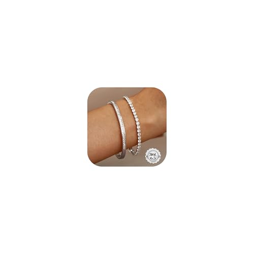 CASSIECA 2 Piezas Pulseras Mujer Acero Inoxidable Brazalete de Tenis Plata Joyería Pulsera con Zirconia, un Bonito Regalo para Navidad, Cumpleaños, día de San Valentín, de 16.5 cm
