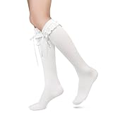 Benefeet Sox Womens Lace Ruffle Knee High Socks - Girls Kawaii White Lace Top Stockings With Bow - Frilly Trim Cute Lolita Cotton Socks for Fancy Dress Maid Costume