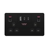 LIDER 2-Gang Switched 13A Double Socket with USB TYPE C & A Charger Ports, 25W Combined Output, Always-On USB, Child Safe, Low Energy Standby, Glossy Finish, Black (Use a 35mm-deep back box)