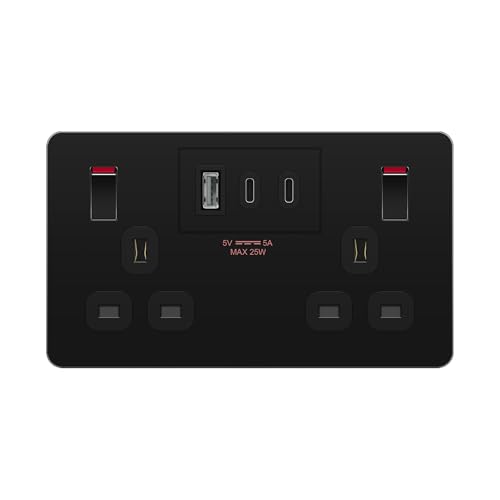 LIDER 2-Gang Switched 13A Double Socket with USB TYPE C & A Charger Ports 25W Combined Output Always-On USB Child Safe Low Energy Standby Glossy Finish Black (Use a 35mm-deep back box)