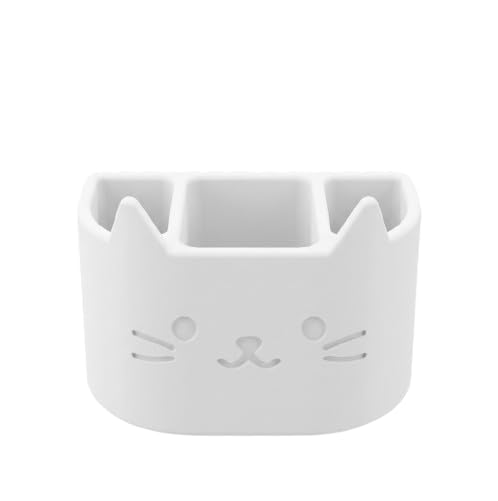 Cute Cat Toothbrush Holder | PLA Plastic Bathroom Organizer | Multi-Compartment Toothbrush & Toothpaste Stand | White | 13 x 7 x 9.5 cm-image-7